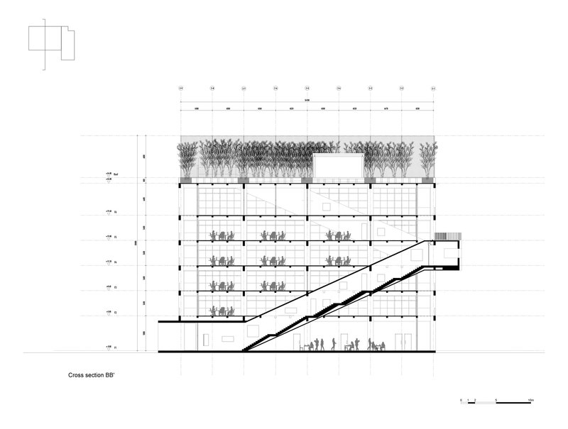 Cross section drawing revealing planted terraces on multiple levels and a diagonal escalator cutting through the floors