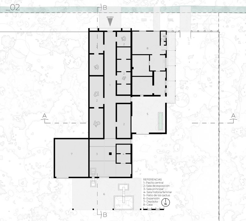 Floor plan drawing showing clustered rooms and corridors arranged around a central core