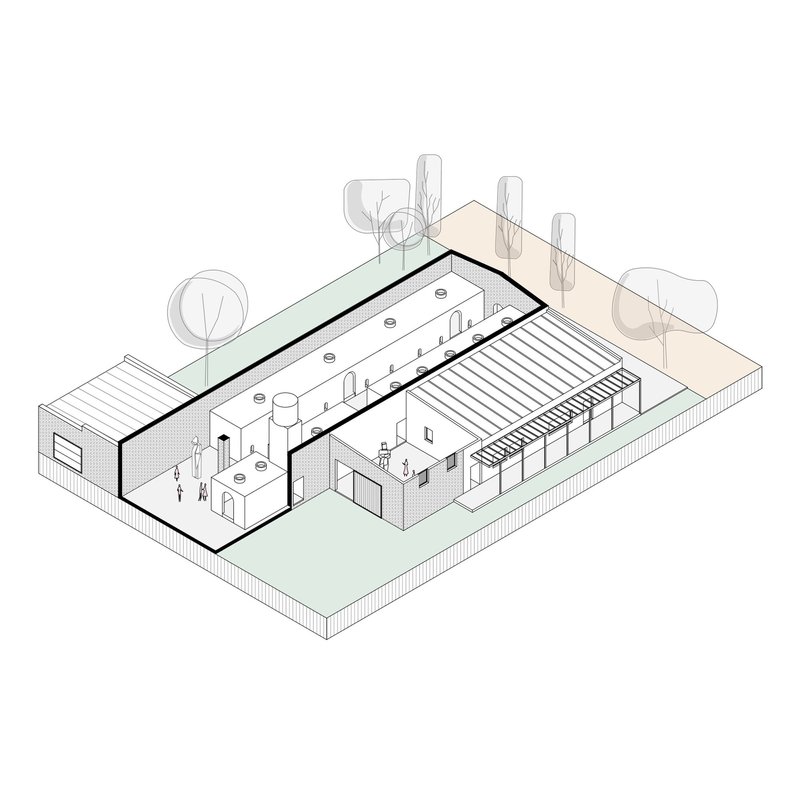 Axonometric cutaway drawing revealing the interior corridor lined with circular skylights beneath the pitched roof