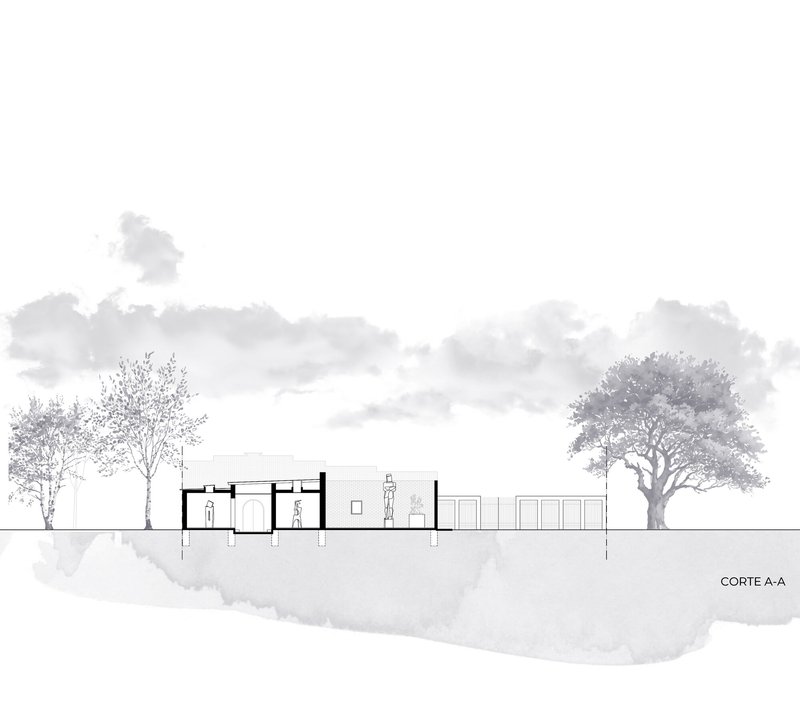 Section drawing showing interior spaces with figures and flanking trees under a cloudy sky