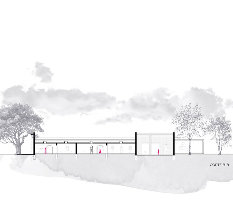 Section drawing revealing a long colonnade and enclosed volumes with trees at both ends