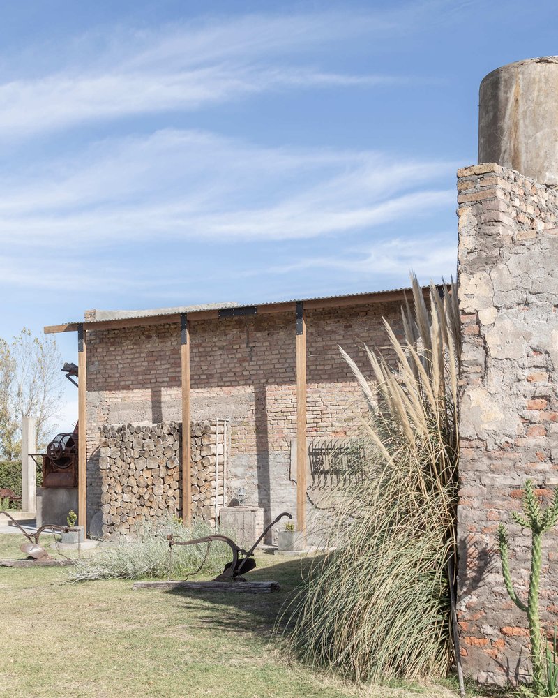 Timber canopy with exposed rafters against the brick wall beside ornamental grasses