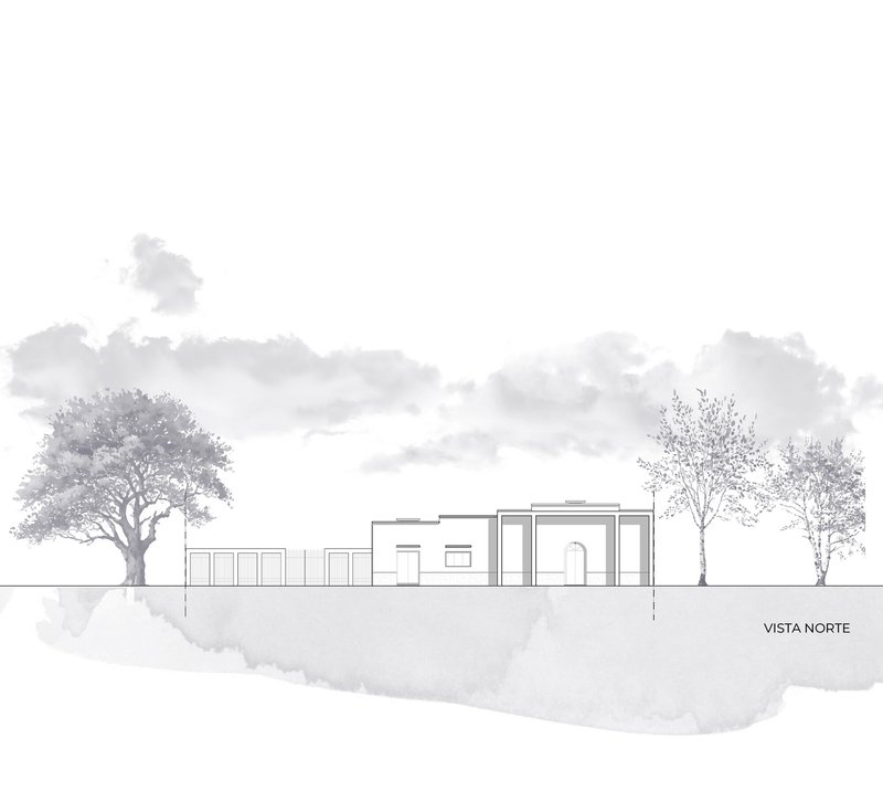 North elevation drawing displaying the facade composition with adjacent trees in a landscape setting