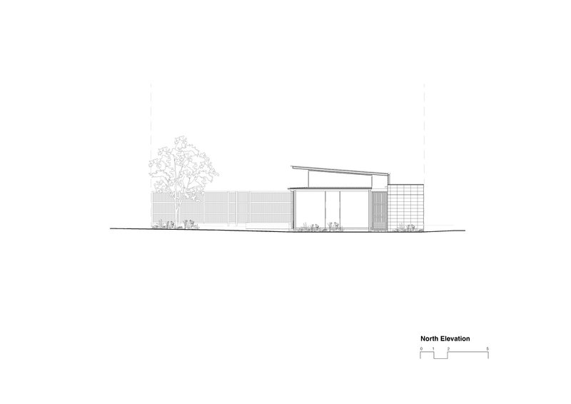 North elevation drawing showing single-story volume with clerestory windows and vertical screening elements beside a tree