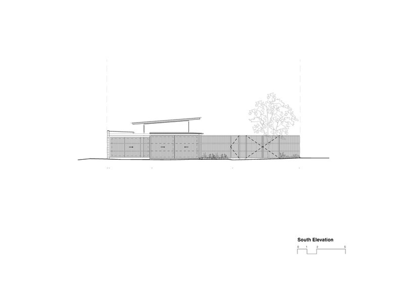 South elevation drawing showing a low-slung pavilion with angled roof and perforated screens beside a tree