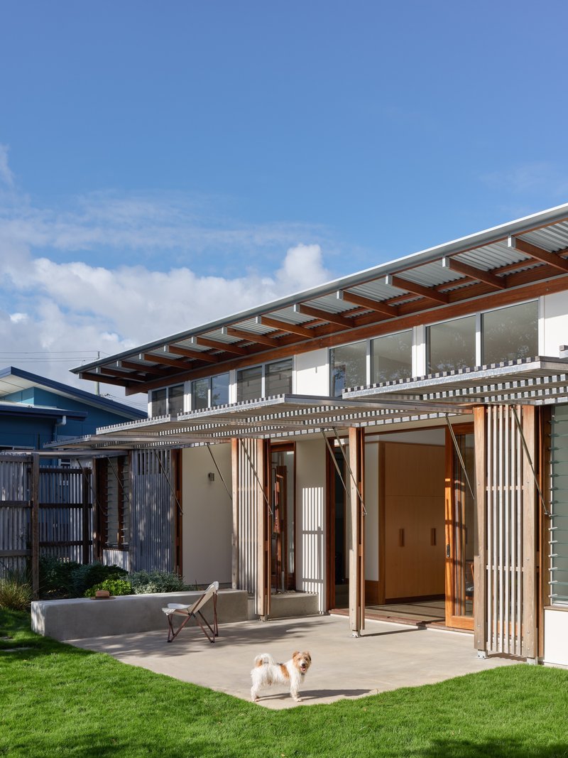 Covered terrace with folding timber screens opening onto a concrete patio with a small dog