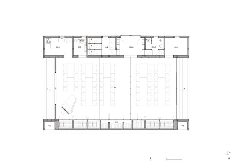 Floor plan drawing showing two large halls with rows of seating and service rooms along the upper edge