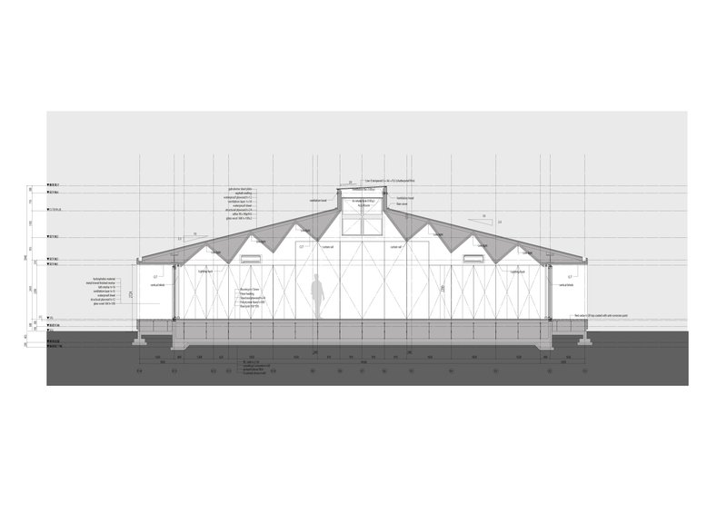 Section drawing showing the sawtooth roof profile spanning a large hall with structural grid and annotations