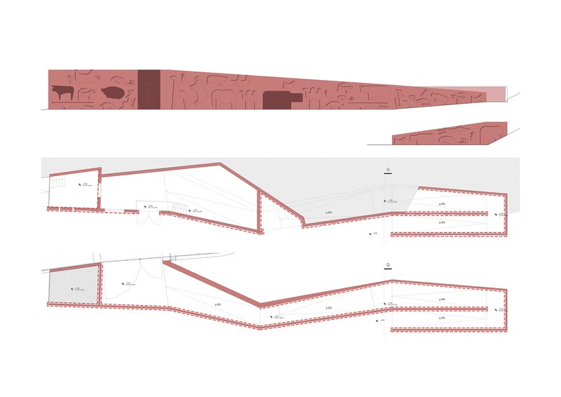 Elevation and floor plan drawings showing the angled linear form with patterned surfaces in terracotta tones