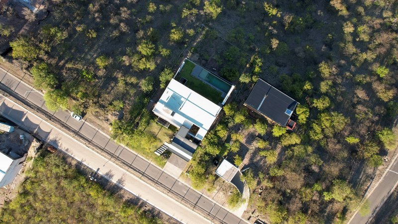 Top-down view showing the rectangular rooftop pool and lawn between dark auxiliary volume and landscape