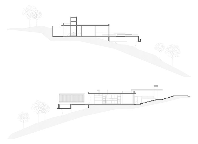 Section drawings illustrating the residence stepping down the slope with elevated platform and lower garage