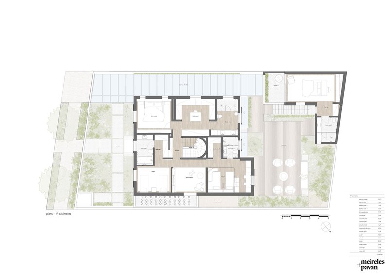 First floor plan drawing showing bedroom suites and circulation spaces arranged around the spiral stair