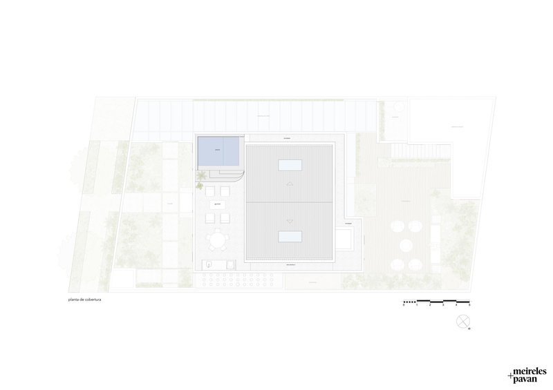 Roof plan drawing showing the flat roof with planted courtyards and terrace openings