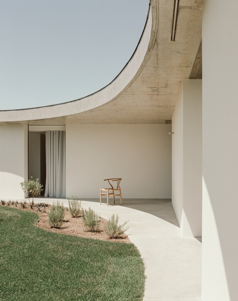 Covered terrace opening with timber chair beside planted bed and curved concrete roof edge