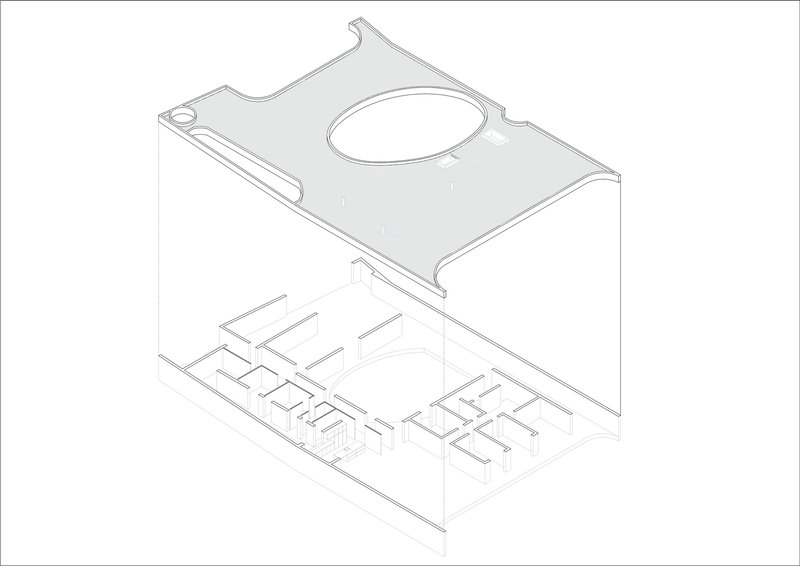 Axonometric drawing showing interior room layout beneath a roof plane with oval opening
