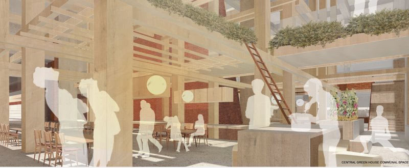 The central greenhouse communal space transforms education into a collaborative, hands-on experience shaped by interaction and nature.
