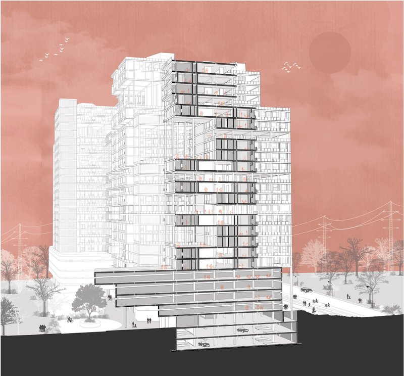 Sectional axonometric illustrating the integration of commercial podium, community terraces, and vertically stacked residential modules.