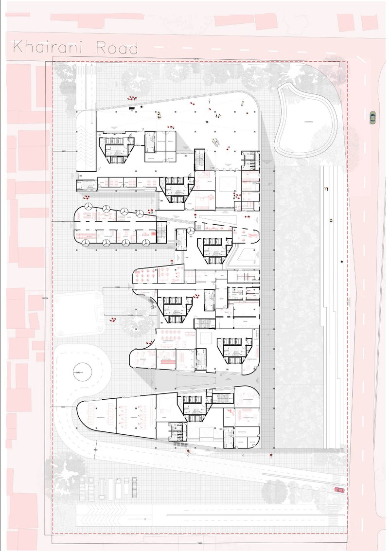 Ground floor plan activating the public realm with commercial zones, circulation networks, and service cores.