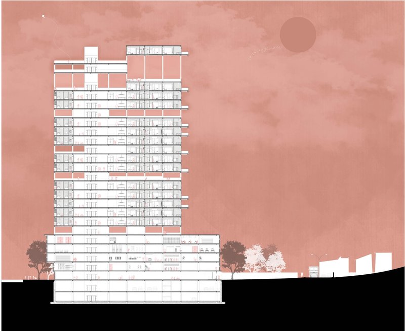 Section revealing spatial layering between commercial, transitional community spaces, and residential units.
