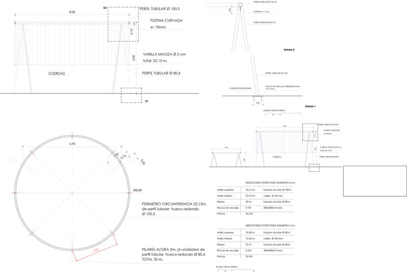 Technical drawing showing plan and section details of circular timber assembly with structural dimensions