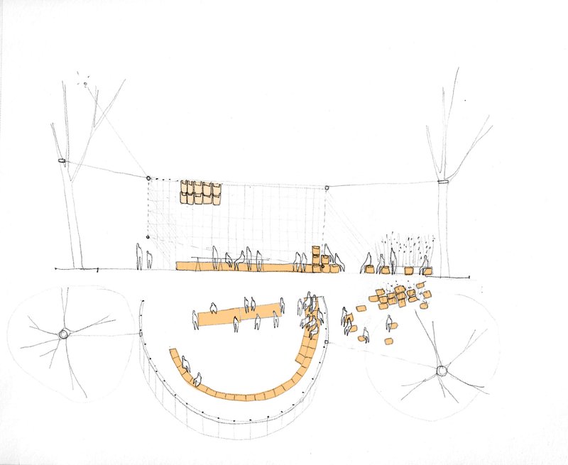 Sketch showing plan and section views of curved seating arrangement with figures and overhead canopy
