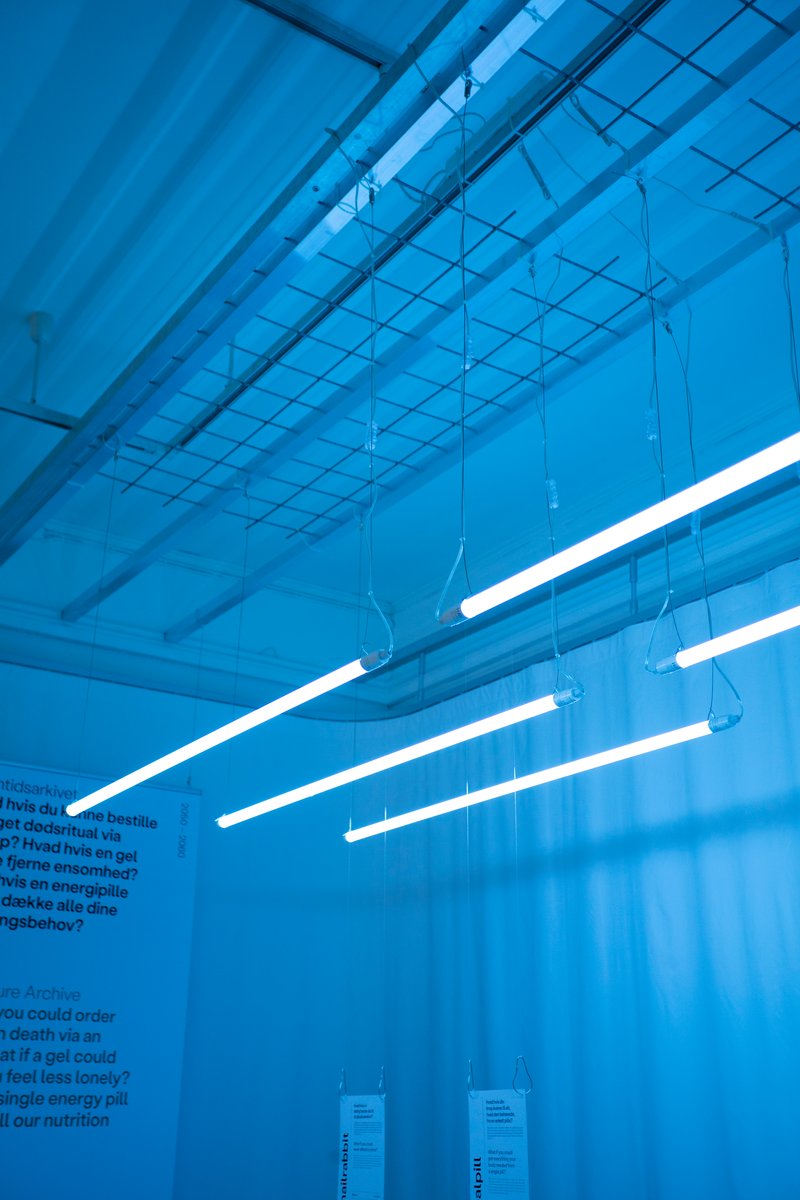 Exposed gridded ceiling with diagonal pendant light tubes and suspended information tags below