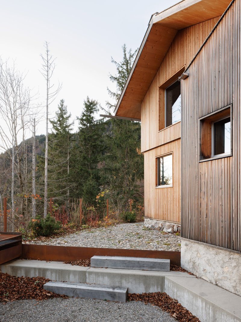 Concrete steps ascending to the timber and corrugated metal facade among bare trees and evergreens