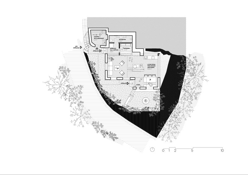 Floor plan drawing showing living spaces with pool and surrounding landscaped areas with trees
