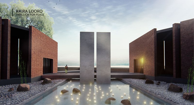 Central water court with vertical elements, evoking stillness, reflection, and symbolic balance.