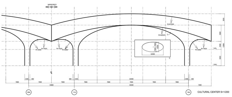 Section drawing showing arched roof trusses spanning across a central hall with symmetrical bays