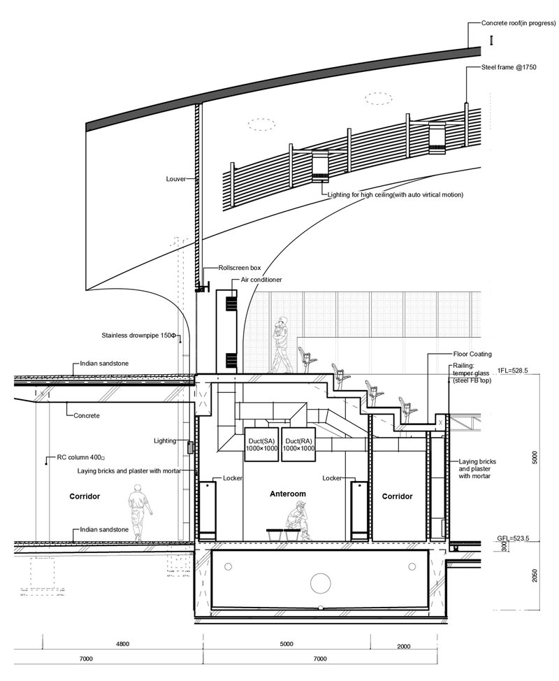 Detailed section drawing revealing the anteroom flanked by corridors with sloped ceiling and louvers above
