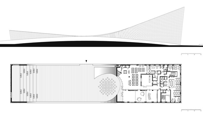 Section and plan drawings illustrating a curved roof profile and interior layout with circular feature