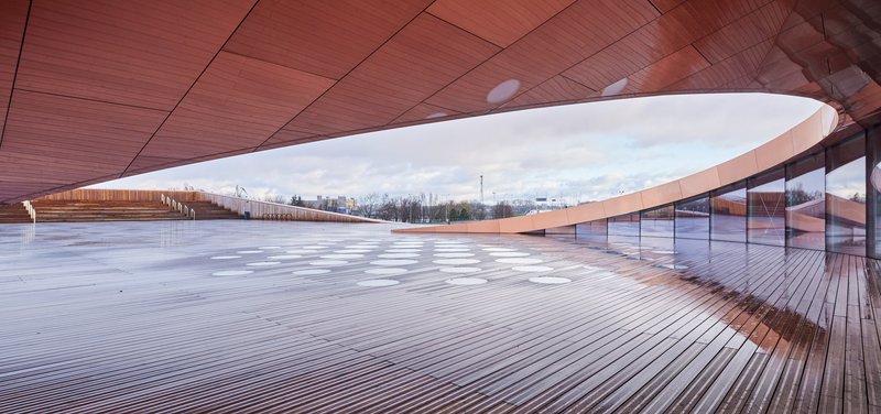Covered terrace with timber ceiling and decking framing a view through the curved opening