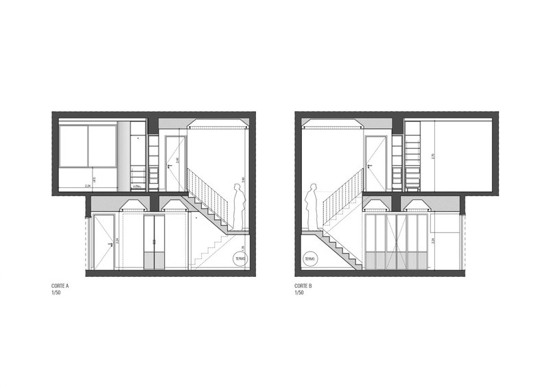 Section drawings showing two-story interior with staircase connecting split levels and human figures for scale