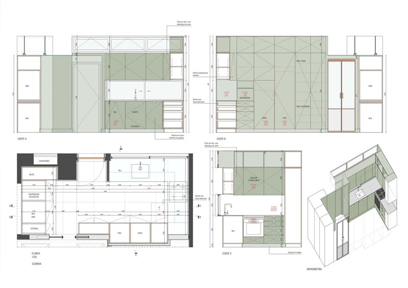 Composite sheet showing plan, section, elevation and axonometric drawings of millwork with green-toned paneling and cabinetry