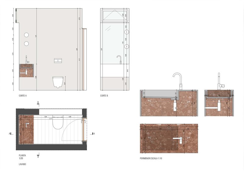 Bathroom plan and section drawings with terracotta tile vanity wall and fixture details