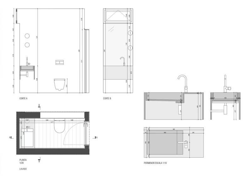 Technical drawings showing bathroom layout in plan, section and elevation with sanitary fixtures and tiled surfaces