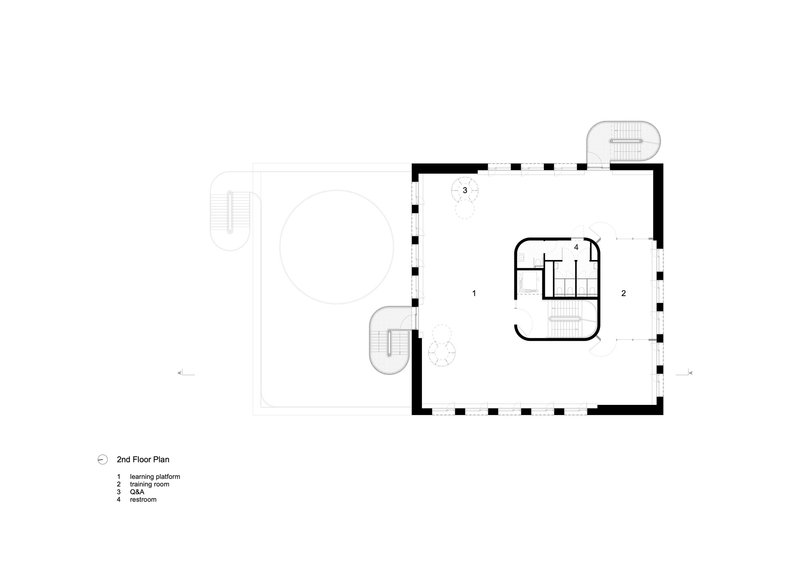 Second floor plan drawing showing the open learning platform with circular element and spiral stair below the terrace