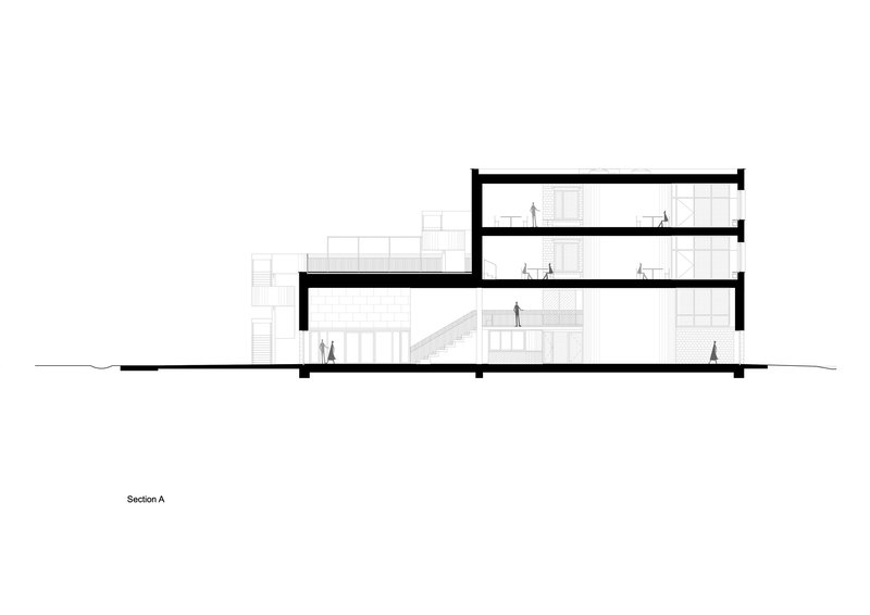 Section drawing showing split-level volumes with staircase connecting multiple floors occupied by human figures