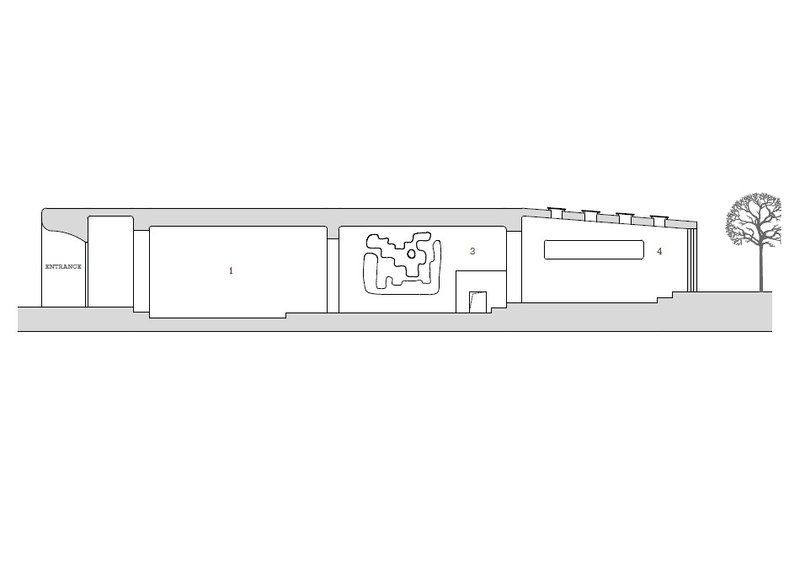 Section drawing showing a linear sequence of four interior spaces with a tree at one end