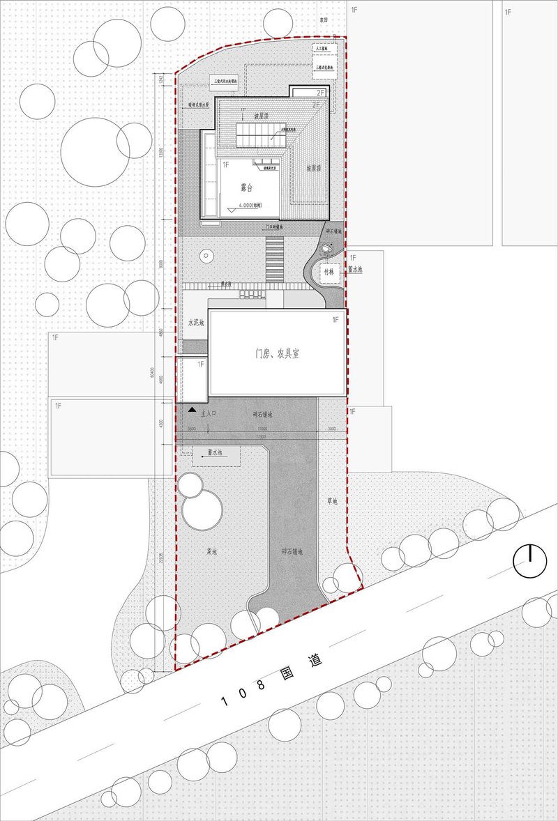 Site plan showing building footprint on an irregular plot with trees and access road