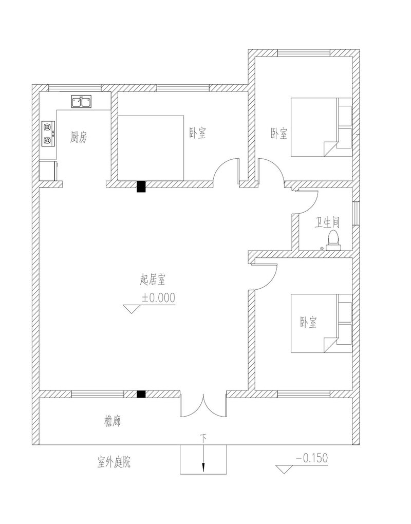 Floor plan drawing showing a kitchen and three bedrooms arranged around a central living space