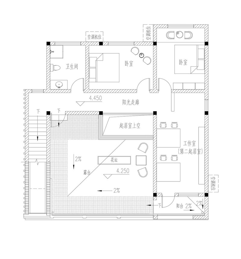 Floor plan drawing showing upper level with terrace, staircase, study workspace and bathroom