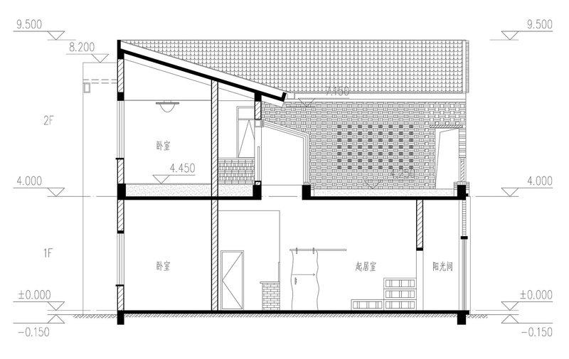 Section drawing showing sloped roof, double-height space, and two-story interior arrangement