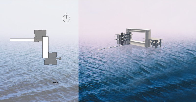 Site plan and floating architecture strategy showing the adaptive offshore structure anchored within the ocean context.