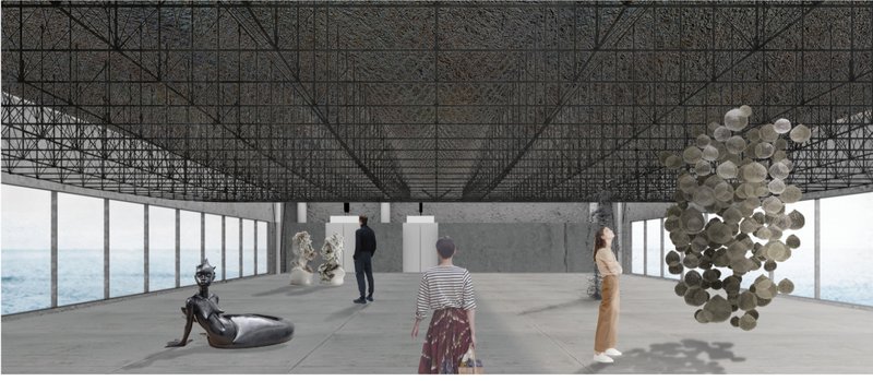 Sky museum interior framing the horizon, creating an immersive floating architecture experience between sea and sky.