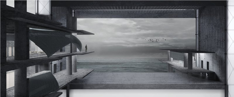 Framed ocean view from within the structure, emphasizing spatial continuity and the horizon as an architectural element.