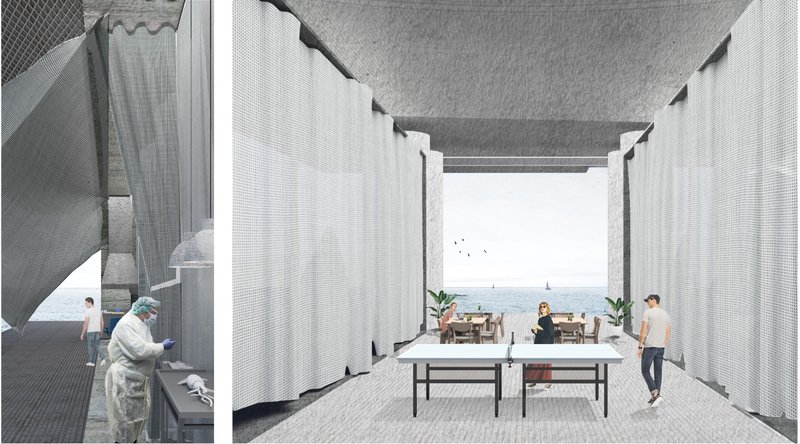 Hybrid interior space combining research, living, and social functions within a modular offshore architecture system.