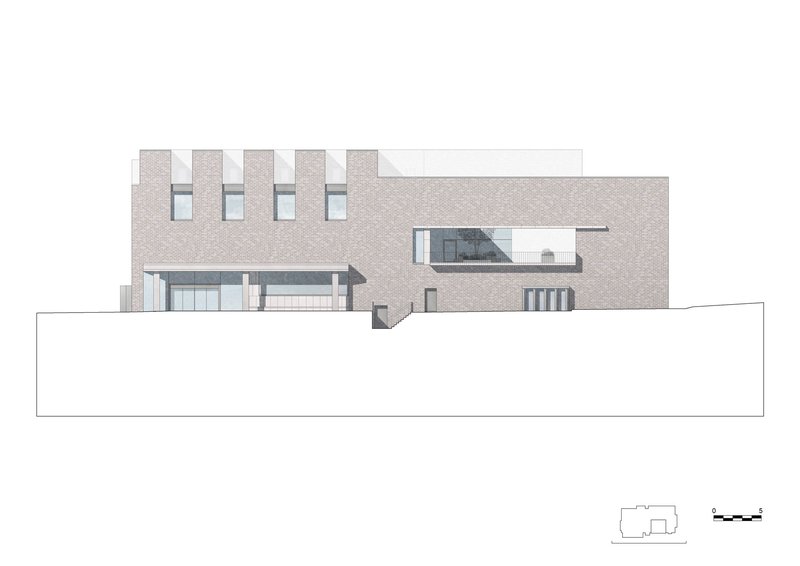 Elevation drawing of a brick facade with punched windows and a horizontal canopy