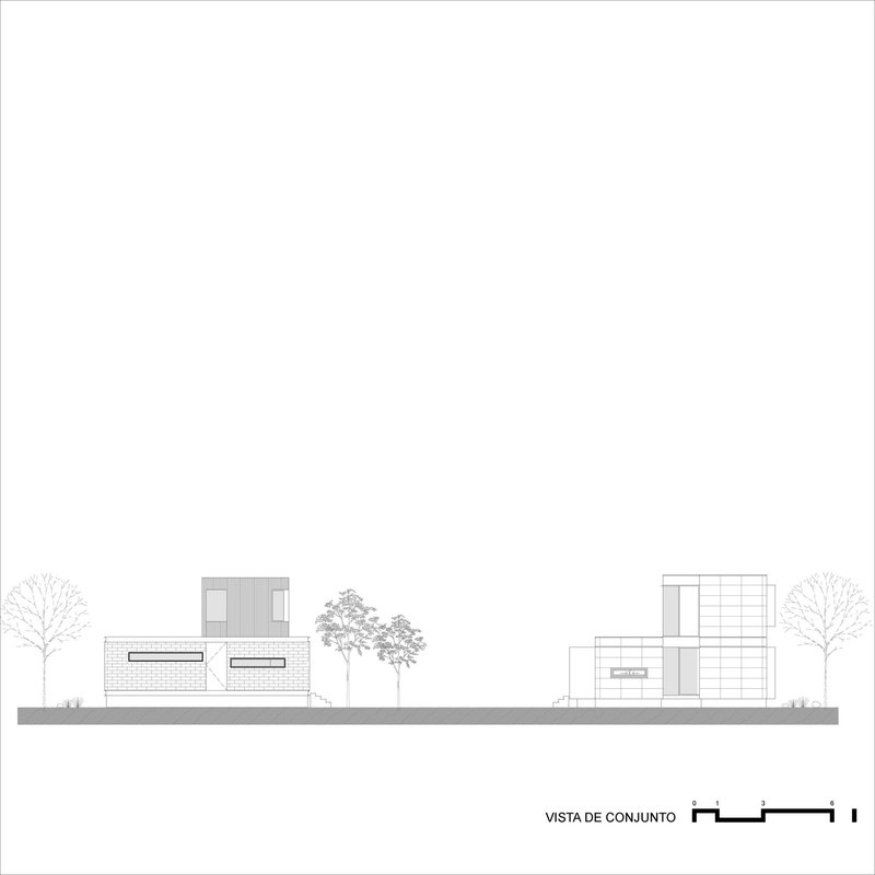 Elevation drawing showing two rectangular volumes with trees and landscaping between them